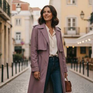 VTG 80s London Towne Trench Coat Zip Out Plush Lining Sz 8 Mauve 171F